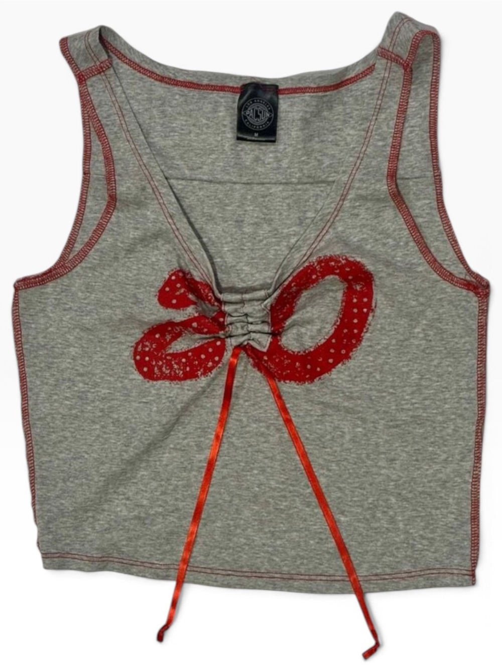 Vintage Y2K PacSun Grey Red Ribbon Tie Crop Tank Top M